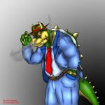  anthro bowser business_suit cigar claws clothing eyebrows formal_clothing formal_wear green_body hair hat headgear headwear horn koopa male mario_bros necktie nintendo red_eyes red_hair reptile scalie shell simple_background smoke_from_nose smoking solo spiked_shell spikes spikes_(anatomy) suit teeth thick_eyebrows video_games woodfoot 