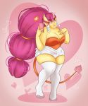  &lt;3 &lt;3_eyes big_breasts bottomwear breasts catsmeow cellphone cleavage clothed clothing demon demon_humanoid hair hi_res humanoid not_furry phone pink_hair shorts spade_tail thick_thighs yellow_body 