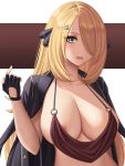  1girl areola_piercing bangs black_coat black_gloves blonde_hair blue_eyes blush breasts cleavage coat coat_on_shoulders collarbone cynthia_(pokemon) elite_four fingerless_gloves gloves hair_ornament hair_over_one_eye highres large_breasts long_hair looking_at_viewer open_clothes open_coat parted_lips piercing pokemon pokemon_(game) pokemon_dppt smile zaphn 