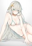  1girl absurdres anastasia_(fate/grand_order) aqua_eyes bikini breasts choker cleavage commentary_request earrings fate/grand_order fate_(series) fingernails hair_ornament hairband highres jewelry leaf_hair_ornament long_hair lying medium_breasts navel on_side oniku_(oishii_oniku) parted_lips silver_hair solo sweat swimsuit very_long_hair 