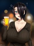  1girl artist_name black_hair black_sweater blue_eyes blush breasts bubble cup drink drinking_glass drunk hair_over_one_eye holding holding_drink huge_breasts lights looking_at_viewer original ribbed_sweater saya_(twrlare) short_hair signature smile sweater twitter_username twrlare v-neck 