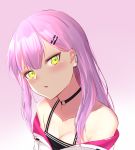  1girl bare_shoulders blush breasts choker cleavage commentary dreamoon gradient gradient_background hair_down hair_ornament hairclip head_tilt highres hololive jacket long_hair looking_at_viewer multicolored_hair multiple_piercings off_shoulder piercing pink_background pink_hair purple_hair tokoyami_towa virtual_youtuber white_background white_jacket yellow_eyes 