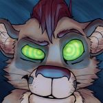  1:1 anthro ashentail eyebrows felid glowing glowing_eyes green_eyes hair hi_res hypnosis hypnotizing_viewer lion looking_at_viewer male mammal mind_control pantherine raised_eyebrow red_hair smile smirk solo 