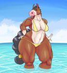  (divadale) anthro beach bikini clothing clydesdale draft_horse equid equine facial_piercing female hi_res horse horse_tail huge_thighs hyper hyper_thighs lip_piercing mammal muscular muscular_anthro muscular_female piercing sea seaside snakedakyoot solo swimwear thick_thighs water wide_hips 