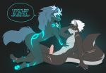  absurd_res anthro bodily_fluids canid canine canis cum cum_drip dripping english_text erection ethan_striker_(hunterx90) exhaustion female fur genital_fluids glowing glowing_body glowing_fur glowing_pawpads hi_res luna_(hunterx90) male male/female mammal matemi on_top pawpads scar speach_bubble story story_in_description sweat teasing text wolf 