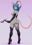  anthro axe big_breasts blue_hair breasts butt clothing female footwear hair hi_res high_heels holding_object mammal matypup melee_weapon mostly_nude mouse murid murine nipples rodent shoes solo weapon 