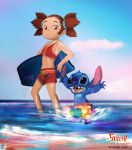  2018 beach black_eyes blue_body blue_claws blue_fur blue_nose brown_hair claws clothing cloud disney duo english_text eyebrows female fur hair hi_res human lilo_and_stitch lullaby_of_the_lost male mammal navel pawpads pigtails pink_inner_ear seaside sky stitch! stitch_(lilo_and_stitch) surfboard swimwear teeth text vehicle water watercraft wet young yuna_kamihara 