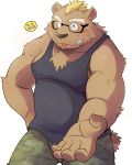  2015 anthro biceps biped blep blonde_hair blush bodily_fluids bottomwear brown_body brown_fur camo cargo_shorts chest_tuft clothing emoji eyewear fur glasses hair hi_res kemono looking_at_viewer male mammal mohawk_(hairstyle) muscular muscular_anthro muscular_male offering_hand one_eye_closed pecs shiike999 shirt shorts simple_background slightly_chubby smile solo sweat tank_top tongue tongue_out topwear tuft ursid white_background wink 