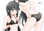  1girl asashio_(kantai_collection) ass ayuman black_bra black_hair black_panties blue_eyes bra breasts dressing head_out_of_frame highres kantai_collection leaning_forward long_hair multiple_views panties signature simple_background small_breasts topless underwear upper_body white_background 