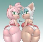  accessory amy_rose anthro big_breasts big_butt breasts butt chiropteran clothed clothing dress duo eulipotyphlan female female/female fur green_eyes hair_accessory hairband hedgehog mammal open_mouth pink_body pink_fur rouge_the_bat ruruduu simple_background smile sonic_the_hedgehog_(series) underwear white_body white_fur 