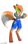  2017 anthro black_nose blue_eyes bottomwear canid canine chris_sketch clothed clothing cybernetics cyborg dipstick_tail ezmeralda facial_markings female fox fur hair head_markings hi_res machine mammal markings multicolored_tail open_mouth orange_body orange_fur orange_hair shorts simple_background solo starwarriors topless white_background 