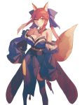  1girl :3 animal_ear_fluff animal_ears bare_shoulders blue_kimono blue_legwear breasts cleavage collarbone commentary commentary_request detached_sleeves eyebrows_visible_through_hair fate/extella fate/extra fate/extra_ccc fate/grand_order fate_(series) fox_ears fox_girl fox_tail highres iwasinogomaae japanese_clothes kimono large_breasts looking_at_viewer pink_hair simple_background tail tamamo_(fate)_(all) tamamo_no_mae_(fate) white_background yellow_eyes 