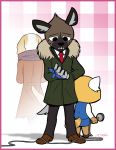  aggressive_retsuko ailurid anthro bandage border business_suit canid canine canis clothing coat domestic_dog fade_out female haida hi_res hyaenid inui_(aggressive_retsuko) looking_away male mammal microphone pink_border red_panda retsuko sanrio spotted_hyena suit thewill topwear wire 
