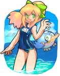  1girl :d android beat_(rockman) blonde_hair blue_sky blush bow breasts cloud covered_navel dakusuta green_bow green_eyes hair_bow high_ponytail highres long_hair ocean open_mouth ponytail rockman rockman_(classic) roll_(rockman) school_swimsuit sidelocks sky small_breasts smile solo swimsuit 