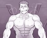  1boy bara breath chest earrings ezaki_papiko greyscale grin gundam gundam_tekketsu_no_orphans highres implied_sex jewelry looking_at_viewer male_focus monochrome muscle nipples norba_shino nude pectorals short_hair smile solo sweat 