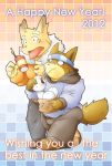  2012 anthro beverage bottomwear brown_body brown_fur canid canine canis clothing coffee domestic_dog duo food fur holidays hoodie kemono male mammal new_year pants slightly_chubby text tongue tongue_out topwear whinge 