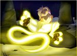  anthro bedroom_eyes blonde_hair canid canine female fox fur glowing glowing_body hair lying mammal miracle_(starwarriors) narrowed_eyes night on_back seductive solo spread_legs spreading yellow_body yellow_fur zachseligson 