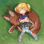 1girl ahoge animal blonde_hair buchi0122 calenda_(kemono_friends) child closed_eyes commentary crossed_arms grass highres kemono_friends lying on_back plaid plaid_shirt pleated_skirt shirt skirt sleeping striped striped_legwear twintails vest wolf younger 