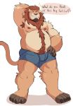  2020 anthro belly blush bottomwear bulge clothing english_text facial_hair felid hi_res lion male mammal moobs nipples overweight overweight_anthro overweight_male pantherine shorts simple_background solo text vitashi white_background 