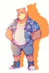  2020 absurd_res anthro belly bottomwear brown_body brown_fur clothed clothing fur heylaw21 hi_res juuichi_mikazuki kemono male mammal morenatsu musclegut open_clothing open_shirt open_topwear overweight overweight_anthro overweight_male shirt shorts solo topwear ursid video_games visual_novel 