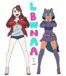  2girls brand_new_animal brown_hair closed_mouth company_connection cosplay costume_switch gunbuster_pose highres kagari_atsuko kagari_atsuko_(cosplay) kagemori_michiru kagemori_michiru_(cosplay) little_witch_academia long_hair looking_at_viewer luna_nova_school_uniform multiple_girls open_mouth red_eyes school_uniform short_hair simple_background smile trigger_(company) tsukudani_(coke-buta) white_background 