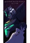  1boy absurdres black_hair cloak copyright_name glowing glowing_eyes green_eyes gundam gundam_build_divers gundam_build_divers_re:rise highres kuga_hiroto looking_down mecha ryuzaki-kaito space tied_hair uraven_gundam v-fin 