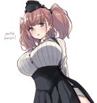  1girl artist_name atlanta_(kantai_collection) black_headwear black_skirt breasts brown_hair buttons cowboy_shot dated garrison_cap grey_eyes hat high-waist_skirt kantai_collection large_breasts long_hair long_sleeves parted_lips pleated_skirt shirt simple_background skirt solo suspender_skirt suspenders two_side_up u0709 white_background white_shirt 