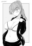  1girl bikini blush breasts closed_mouth greyscale jacket kichihachi large_breasts long_sleeves looking_at_viewer medium_hair monochrome original ponytail solo swimsuit twitter_username 