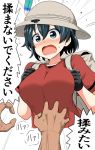  1boy 1girl alternate_breast_size backpack bag black_eyes black_hair blush breasts emphasis_lines flying_sweatdrops gloves hat hat_feather kaban_(kemono_friends) kemono_friends large_breasts open_mouth short_hair sweat take_(shokumu-taiman) translated white_background 