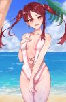  1girl absurdres alternate_hairstyle beach blue_sky breasts casual_one-piece_swimsuit cloud commentary_request cowboy_shot day earrings embarrassed erena_(sakura_aimax) highres horizon jewelry long_hair looking_at_viewer love_live! love_live!_sunshine!! ocean one-piece_swimsuit open_mouth outdoors red_eyes red_hair sakurauchi_riko sky small_breasts solo swimsuit twintails white_swimsuit 