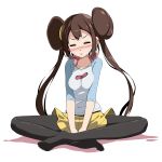  :o arms_between_legs between_legs black_legwear blush breast_squeeze breasts brown_hair closed_eyes crossed_legs double_bun halterneck hand_between_legs highres indian_style legwear_under_shorts long_hair long_sleeves medium_breasts open_mouth pantyhose pokemon pokemon_(game) pokemon_bw2 rosa_(pokemon) shadow shorts sidelocks simple_background sitting solo sweat tsukishiro_saika twintails two-tone_shirt white_background yellow_shorts 