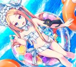  1girl abigail_williams_(fate/grand_order) abigail_williams_(swimsuit_foreigner)_(fate) animal bikini blonde_hair blue_eyes bonnet cat commentary_request fate/grand_order fate_(series) flat_chest highres legs long_hair looking_at_viewer navel ocean open_mouth solo swimsuit teeth teruui water white_bikini 