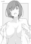  1girl bangs breasts breasts_apart collarbone eyebrows_visible_through_hair greyscale kichihachi large_breasts looking_at_viewer monochrome open_clothes open_mouth open_shirt original short_hair solo twitter_username upper_body 