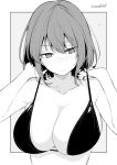  1girl breasts cleavage closed_mouth collarbone eyebrows_visible_through_hair greyscale kichihachi large_breasts monochrome original short_hair solo twitter_username upper_body wavy_mouth 