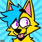  1:1 ambiguous_gender anonymous_artist blue_hair canid canine digital_media_(artwork) fox fur hair low_res mammal portrait profile_picture purple_eyes scooterfennec semi-anthro simple_background smile solo tongue yellow_body yellow_fur 