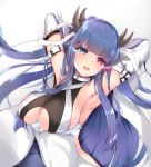  1girl :d absurdres arm_belt armpits arms_behind_head arms_up azur_lane backless_dress backless_outfit bare_shoulders blue_eyes blue_hair blurry breasts depth_of_field detached_sleeves dress floating_hair glowing glowing_eyes habu_rin heterochromia highres horns ibuki_(azur_lane) large_breasts long_hair looking_at_viewer open_mouth red_eyes simple_background smile solo underboob underboob_cutout upper_body white_background white_dress 