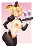  1girl alternate_costume animal_ears bangs black_legwear blonde_hair blush breasts bunny_ears bunny_girl bunny_tail bunnysuit commentary commission cowboy_shot cup drinking_glass english_commentary fake_animal_ears half-closed_eyes hand_on_hip highres holding holding_tray juliet_sleeves long_sleeves looking_at_viewer medium_breasts meme_attire nanaayami navel original pantyhose pasties puffy_sleeves revealing_clothes reverse_bunnysuit reverse_outfit short_hair solo tail tray 