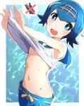  1girl absurdres arms_up bangs bare_shoulders blue_background blue_hair blue_pants blue_sailor_collar blue_swimsuit blush border breasts commentary_request cowboy_shot groin hairband happy highres lana_(pokemon) lifted_by_self light_blush navel negimiso1989 no_bra no_panties one-piece_swimsuit open_mouth outline outstretched_arms pants pokemon pokemon_(game) pokemon_sm sailor_collar shiny shiny_hair shirt shirt_lift short_hair sleeveless sleeveless_shirt small_breasts smile solo speech_bubble standing stomach swimsuit swimsuit_removed teeth underboob water white_border white_outline white_shirt yellow_hairband 