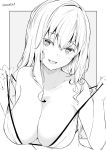  1girl bangs blush breasts cleavage collarbone eyebrows_visible_through_hair greyscale kichihachi large_breasts monochrome open_mouth original smile solo twitter_username upper_body 