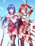  2girls absurdres arm_up blue_eyes blue_hair breastplate caeda_(fire_emblem) closed_mouth commentary cordelia_(fire_emblem) dress feathers fingerless_gloves fire_emblem fire_emblem:_mystery_of_the_emblem fire_emblem_awakening gloves hair_ornament highres holding kakiko210 long_hair multiple_girls open_mouth polearm red_eyes red_hair scabbard sheath sheathed short_dress smile sword weapon white_gloves wing_hair_ornament 
