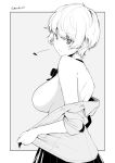  1girl bare_shoulders breasts closed_mouth greyscale heart kichihachi large_breasts long_sleeves looking_at_viewer monochrome original short_hair sideboob skirt solo twitter_username 