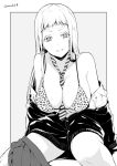  1girl bangs between_breasts bikini breasts cardigan cheetah_print cleavage collarbone greyscale kichihachi large_breasts looking_at_viewer monochrome necktie necktie_between_breasts original sitting smile solo striped striped_neckwear swimsuit thick_eyebrows twitter_username 