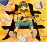  1girl black_hair can cellphone guitar headphones holding instrument kanji looking_at_viewer notebook original pen phone short_hair sitting smartphone solo yajirushi_(chanoma) yellow_eyes 