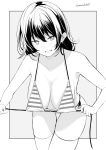  1girl bikini blush breasts cleavage clenched_teeth collarbone greyscale kichihachi large_breasts looking_at_viewer monochrome original short_hair smile solo striped striped_bikini swimsuit teeth thighhighs thighs twitter_username 
