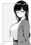  1girl blazer breasts glasses greyscale jacket kichihachi large_breasts long_hair looking_at_viewer monochrome necktie original shirt solo twitter_username 