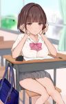  1girl absurdres bag bag_charm blurry blurry_background breast_rest breasts brown_eyes brown_hair charm_(object) classroom commentary day desk highres huge_filesize indoors large_breasts looking_at_viewer original school_bag school_desk school_uniform short_hair sitting small_breasts solo thought_bubble translated two_side_up uiri-na 