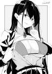  1girl bikini breasts glasses greyscale index_finger_raised jacket kichihachi large_breasts long_hair looking_at_viewer monochrome open_clothes open_jacket open_mouth original shirt solo swimsuit twitter_username 