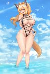  1girl absurdres bangs bare_shoulders blonde_hair blue_eyes bowsette bracelet breasts cleavage cloud cloudy_sky collar commentary commission covered_nipples crown day eyebrows_visible_through_hair full_body hand_on_hip hand_on_own_chest hand_up highres horns huge_breasts jewelry long_hair looking_at_viewer mario_(series) nanaayami navel ocean open_mouth outdoors pointy_ears ponytail skindentation sky slingshot_swimsuit smile solo spiked_bracelet spiked_collar spikes stomach super_crown swimsuit tail teeth thick_thighs thighs wading water 