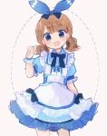 1girl alice_(alice_in_wonderland) alice_(alice_in_wonderland)_(cosplay) blue_dress blue_eyes blush bow brown_hair cosplay dress frilled_dress frilled_skirt frills harunuxa highres idolmaster idolmaster_million_live! idolmaster_million_live!_theater_days open_mouth puffy_short_sleeves puffy_sleeves short_hair short_sleeves short_twintails skirt smile solo suou_momoko twintails white_background wrist_cuffs 
