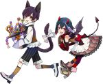  1boy 1girl animal_ears apron blue_hair boots borrowed_character bow candy candy_cane cat_ears cat_tail chocolate demon_girl demon_horns demon_tail demon_wings doughnut elbow_gloves food food_on_face gloves horns kamal_(pixiv_fantasia) lollipop nishihara_isao open_mouth pixiv_fantasia pixiv_fantasia_4 purple_hair red_eyes rose_(pixiv_fantasia_4) short_hair shorts smile striped striped_bow striped_legwear striped_shorts sweets tail tail_bow vertical-striped_legwear vertical_stripes waist_apron wings yellow_eyes younger 